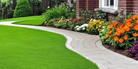A Colorful Garden with Vibrant Flowers and Neatly Arranged Brick Borders, Showcasing the Beauty of Landscaping in the Springtime