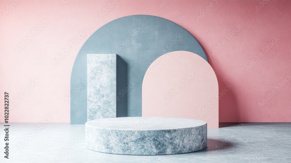Poster 3d rendered illustration featuring a geometric composition with a round stand and semicircular podiu