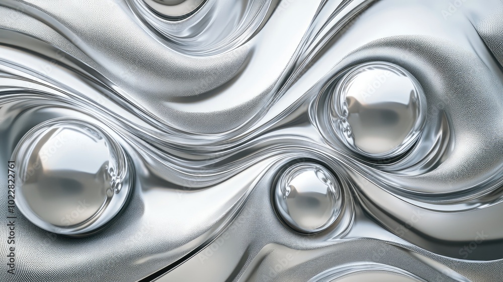 Poster 3D mural artwork featuring silver spheres against a stunning abstract background with volumetric elements textures and lines 3D illustration and rendering