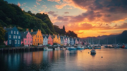 Naklejka premium Colorful houses, boats, and a sunset over the water.