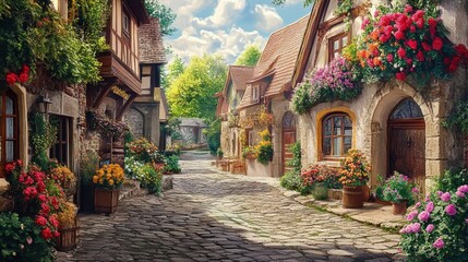 Fototapeta premium Cobblestone street with old buildings and flowers.