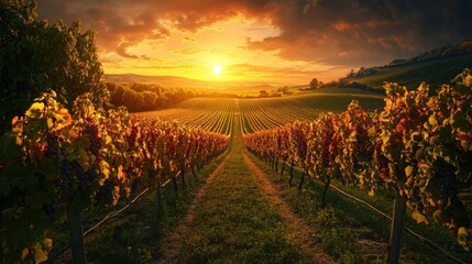 Naklejka premium Vineyard at sunset with path and grapes.
