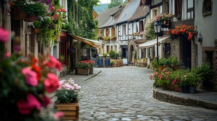 Fototapeta premium Cobblestone street with colorful flowers and old houses.