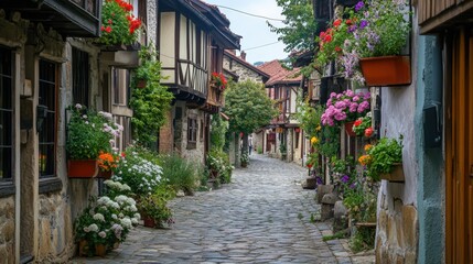 Cobblestone street lined with stone buildings and flowers.