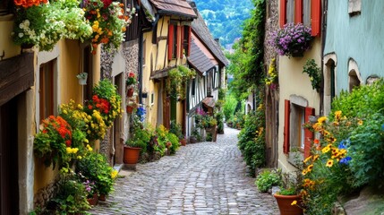 Fototapeta premium Cobblestone street lined with colorful flowers.