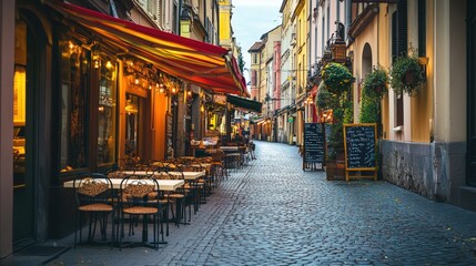Fototapeta premium Empty tables and chairs on cobblestone street.