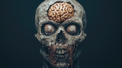 Eerie depiction of a skull with exposed brain, exploring themes of horror and the macabre in a dark setting.