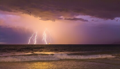 a calm sea under a light storm, with gentle waves and distant lightning illuminating the soft clouds in muted purples and grays.