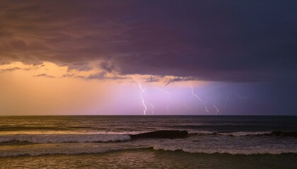a calm sea under a light storm, with gentle waves and distant lightning illuminating the soft clouds in muted purples and grays.