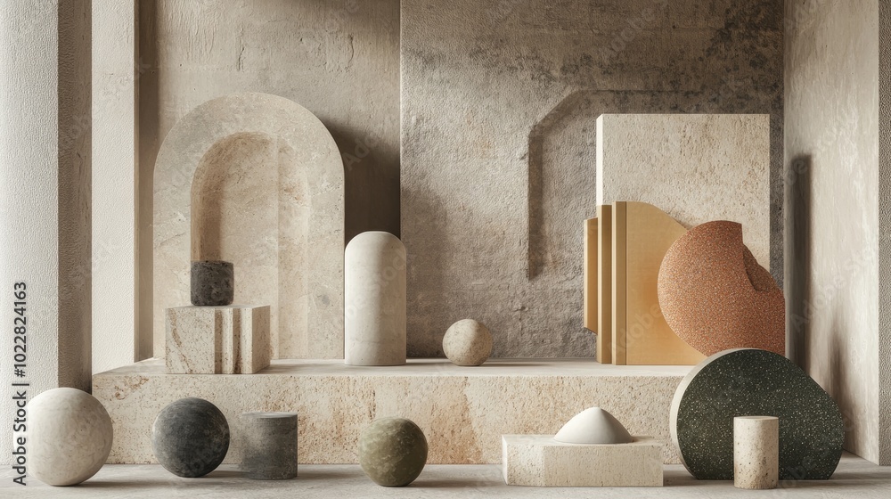 Poster 3D render of an abstract background featuring various primitive geometric shapes Empty display scene with a podium for showcasing products