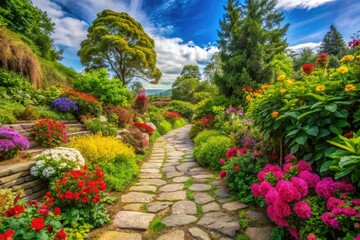 Fototapeta premium Tranquil Landscape Featuring a Stone Pathway Leading Through Lush Greenery and Vibrant Flowers