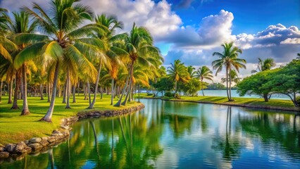 Obraz premium Tranquil Landscape of Crandon Park with Lush Greenery and Serene Water Views in Miami, Florida