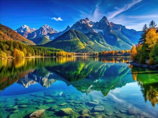 Fototapeta premium Tranquil Landscape with Majestic Mountains Reflected in Calm Lake Under a Clear Blue Sky