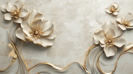 3D printable wallpaper mural featuring an abstract design with gold flowers and textured background ideal for luxurious wall decor