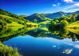 Naklejka premium Tranquil landscape with lush green hills, tranquil lake, and clear blue sky reflecting natural beauty