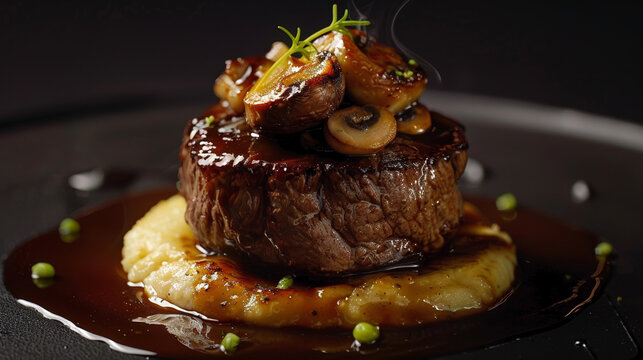 Elegant Porcini Tournedos Rossini: Filet Mignon, Foie Gras, Porcini Sauce, and Creamy Polenta