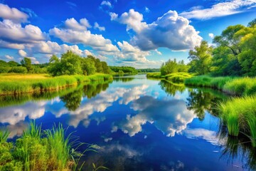 Obraz premium Tranquil Marsh Water Scene Reflecting Lush Greenery Under Bright Blue Sky on a Sunny Day