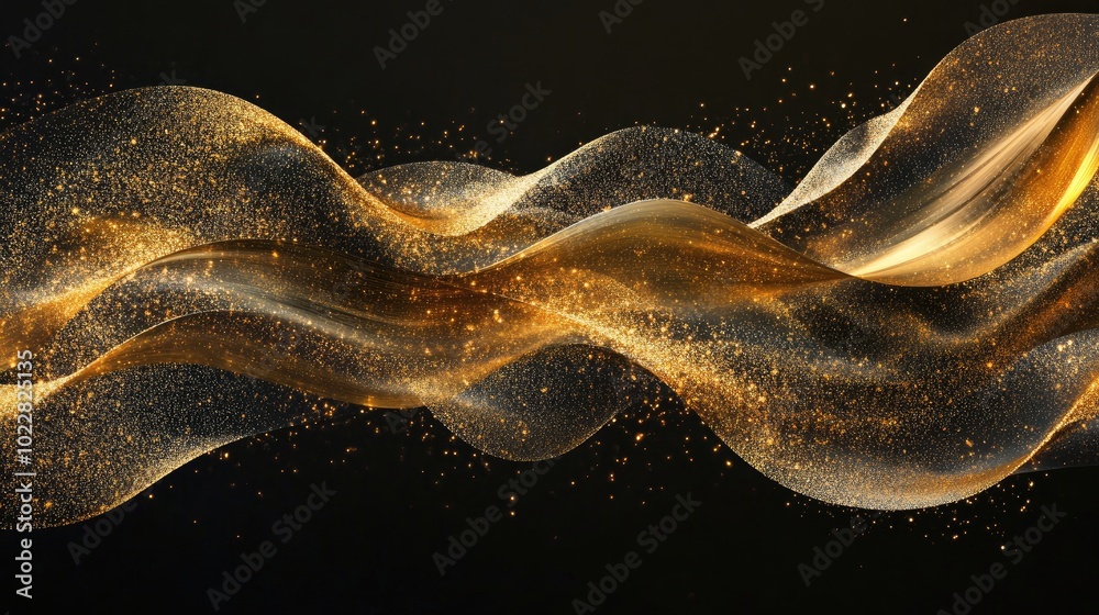 Aufkleber 3D golden wave flow lines and shimmering glitter on a dark backdrop Elegant wavy golden patterns radiate with sprays and sparkles creating a contemporary decorative liquid design