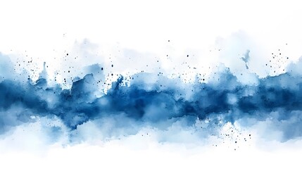 A dynamic mix of blue watercolors spills across the canvas, creating a fluid, organic wave. Splashes and drips in the background add a sense of spontaneity and energy to the composition.