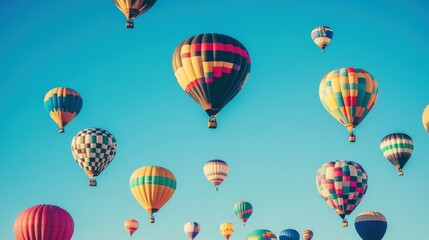 Fototapeta premium Colorful hot air balloons soar in a blue sky.