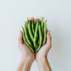 A handful of green beans on a white background.