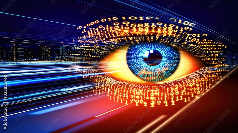 Poster a glowing digital eye embedded in a futuristic tunnel of light and code, representing technological 