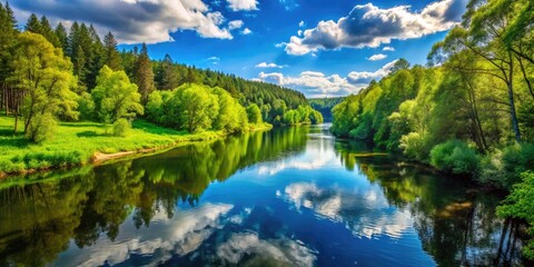 Naklejka premium Tranquil Nature Scene with Lush Green Forest, Calm River, and Bright Blue Sky on a Sunny Day