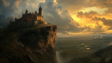 A castle perched on a cliff overlooking a valley.