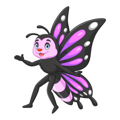 Cartoon funny butterfly flying on white background