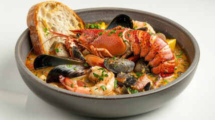 Bouillabaisse with Lobster Tail on a white backdrop, featuring seafood in saffron broth and garlic bread.