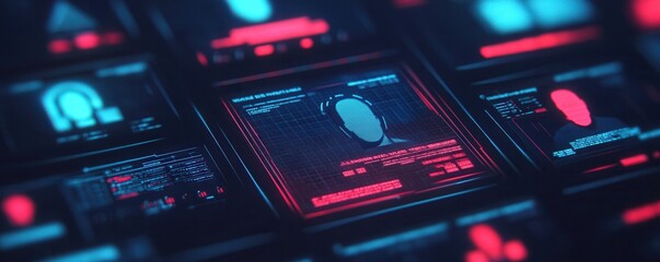 Obraz premium Futuristic interface with digital screens displaying data and profiles.