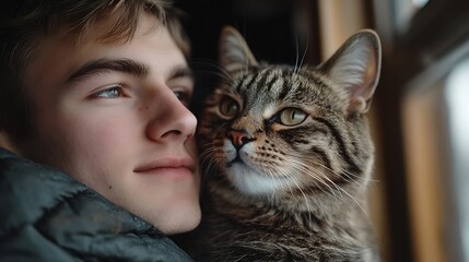 Young man with his cat on a visit to the veterinarian : Generative AI