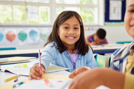 Portrait of smiling indian schoolgirl study with classmate