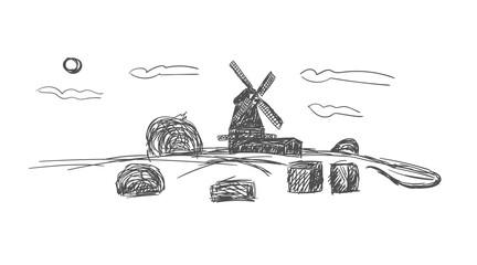 Rural dutch landscape with windmill and wheat field. Set of traditional windmill. Bakery shop, organic agricultural production, ecological food. Vector hand