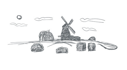 landscape with windmill and wheat field. Set of traditional windmill. Bakery shop, organic agricultural production, ecological food. Vector hand