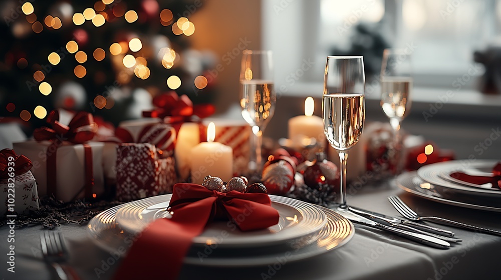 Poster fine christmas table with white plates and silverware : generative ai