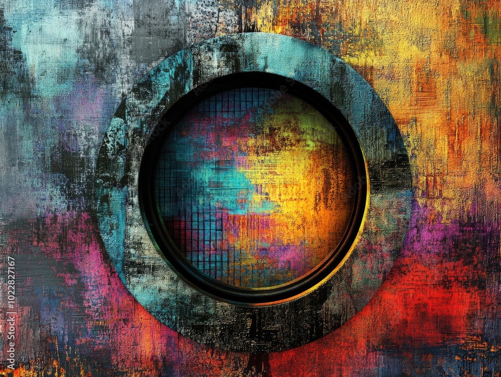 Poster Abstract circular composition with a textured background featuring a vibrant and multicolored fantasy design