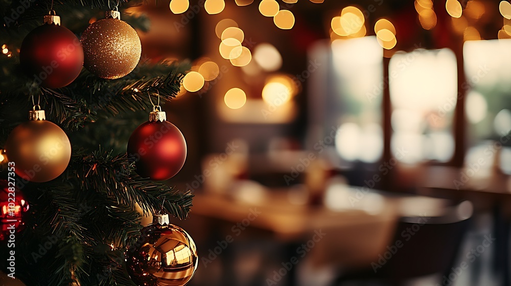 Aufkleber Christmas tree with red and golden ornaments in front of a blurred background : Generative AI
