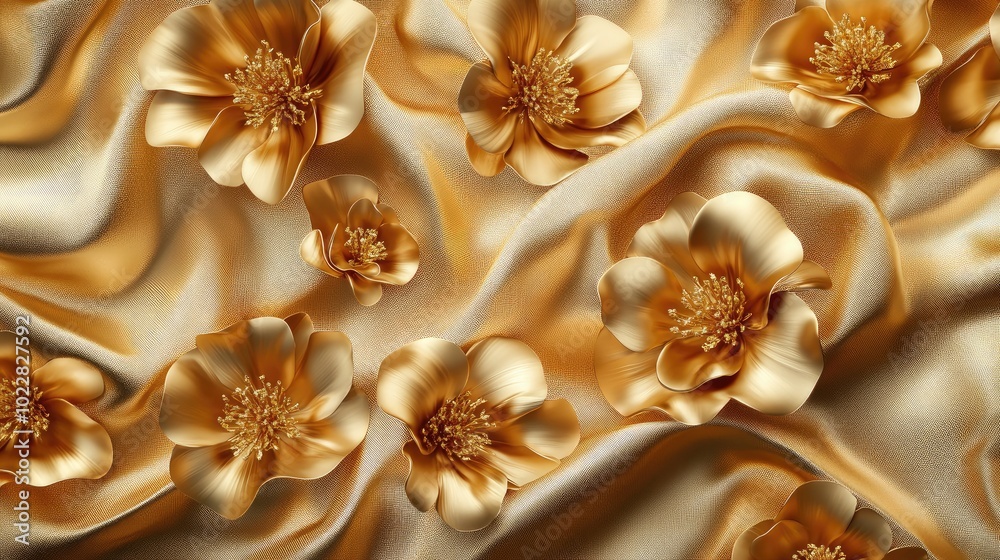 Poster 3d artwork of golden flowers on a fabric backdrop ideal for digital wallpaper printing and custom de