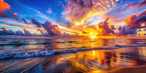 Obraz premium Tranquil Sunset Over Calm Ocean Waters with Soft Waves and Colorful Sky Reflections at Dusk