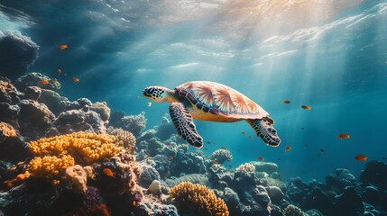 Obraz premium Turtle Gliding Over a Coral Reef: A sea turtle is swimming calmly over a colorful coral reef, with small fish darting around the coral. The water is crystal clear, and the sunlight penetrates the