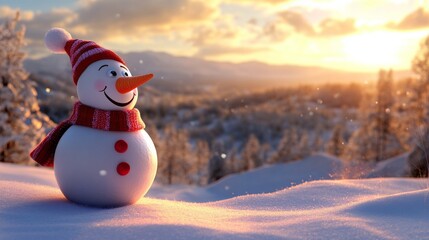 Obraz premium A snowman with a red scarf and a red carrot on his nose stands in the snow