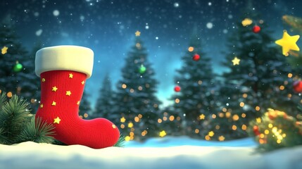 A red stocking sits in the snow next to a tree