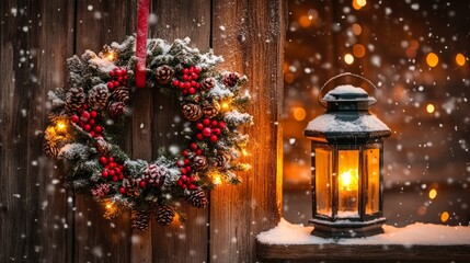 Cozy christmas wreath with pine cones and berries hanging on a rustic wooden door, paired with a glowing lantern, as gentle snowflakes fall