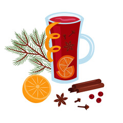 Fototapeta premium Glass with mulled wine vector illustration. Winter hot drink, orange, spices. Composition of cute design elements.