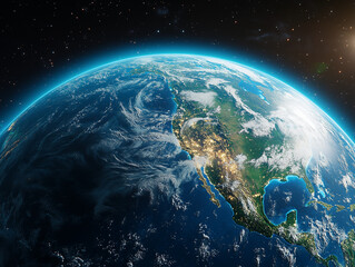 Obraz premium Close-up view of Earth from space, stars and Sunrise on the side.