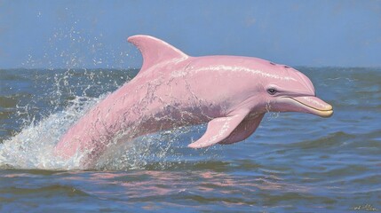 Naklejka premium A pink dolphin joyfully breaking the surface of the ocean, creating splashes and ripples in the vibrant blue water.