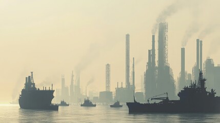 Industrial Land with Ships in Foggy Atmosphere