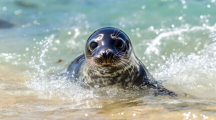 Seal Pup Swimming Playfully Near the Shore: A seal pup is splashing in the shallow waters near the coastline, where the water is clear and the sandy seabed is visible. The seal's playful expression