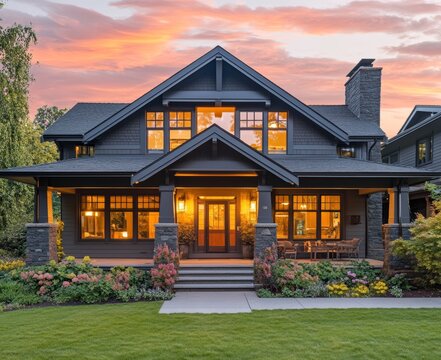 A modern craftsman style home with a large front porch, a stone fireplace, and a lush lawn. The house is lit up at dusk, creating a warm and inviting atmosphere.